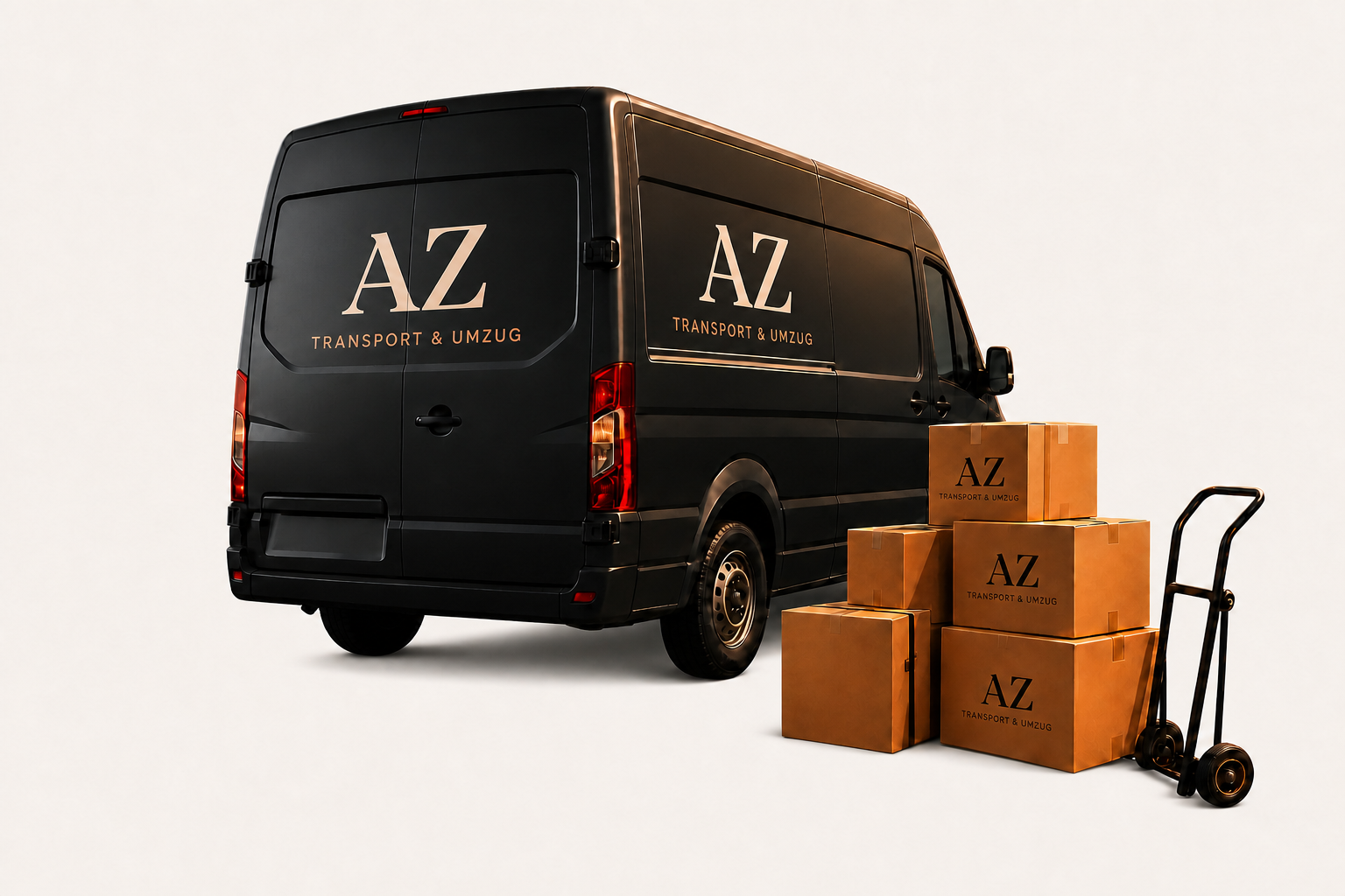 Furgone Nero AZ Transport & Umzug con scatole da trasloco e carrello